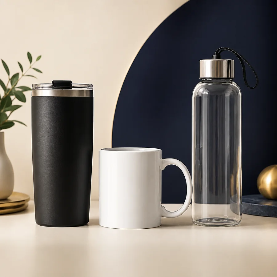 Blank custom drinkware including a tumbler, ceramic mug and reusable bottle