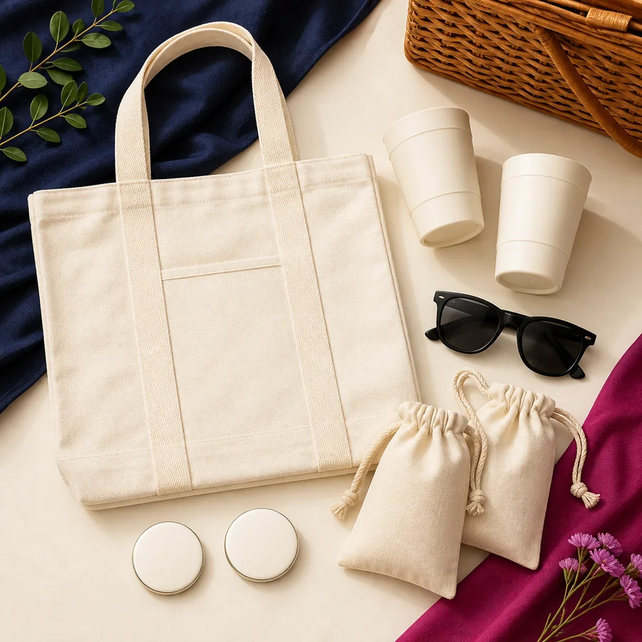 Custom family reunion gifts and favors including a tote, cups, sunglasses and favor bags