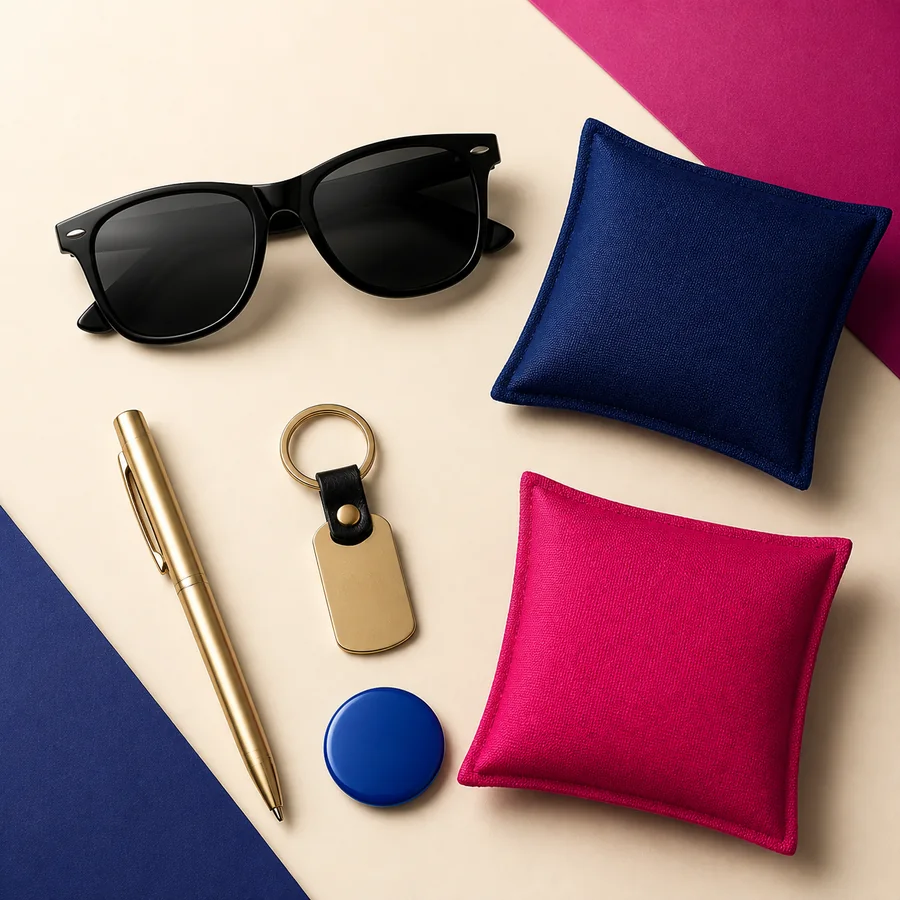 Promotional event giveaways including sunglasses, kick bags, pen, key tag and button