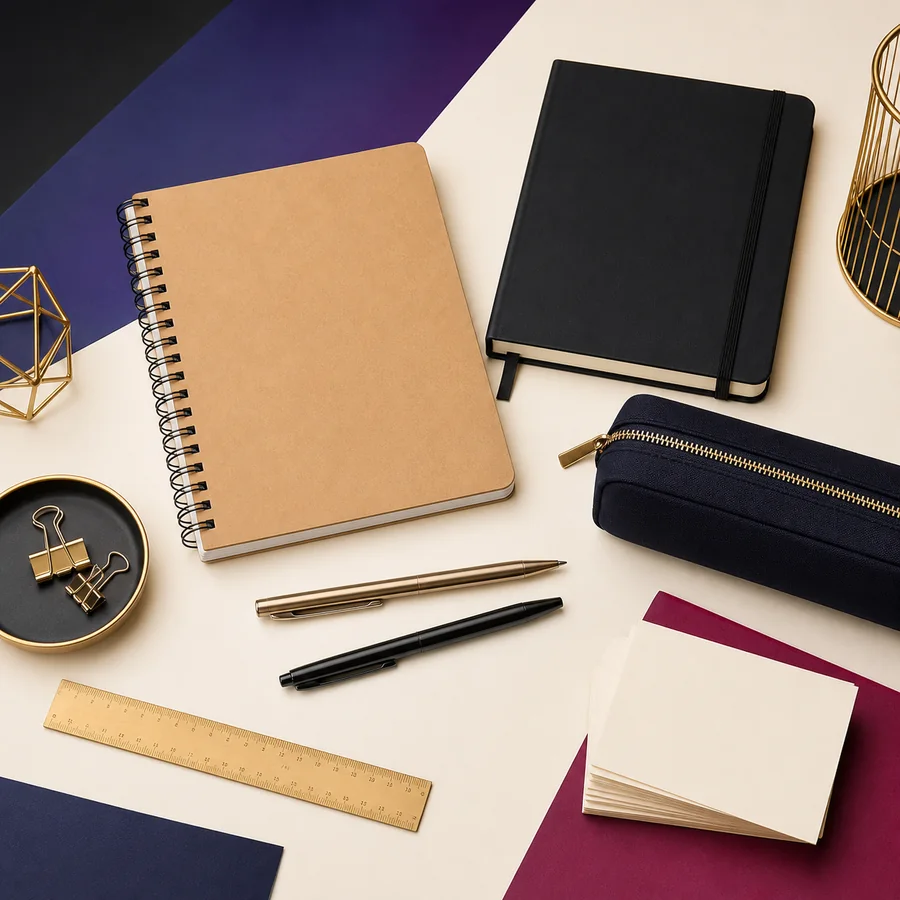 Custom school and office supplies including notebooks, pens, pencil case and note cards